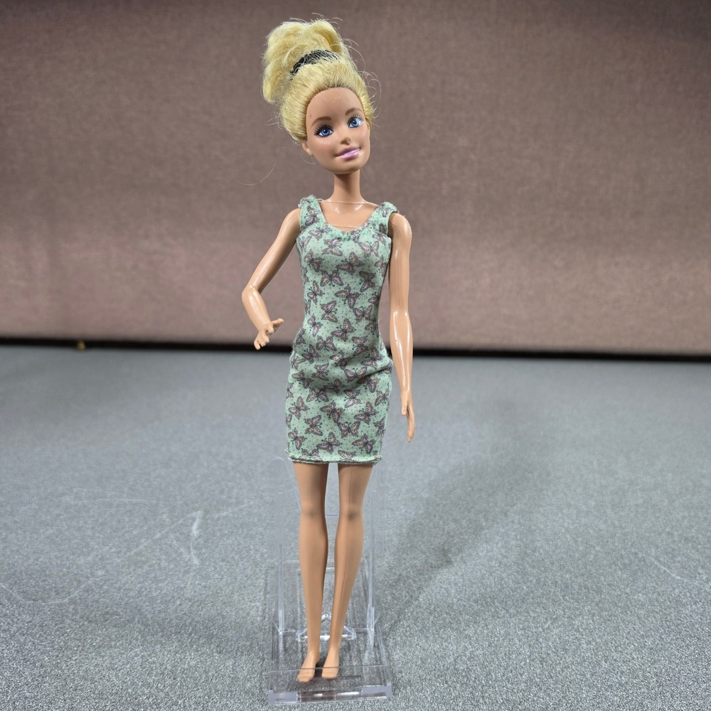 Mattel Barbie Doll 12 Inch Blonde Blue Eyes Green Butterfly Dress Good Condition